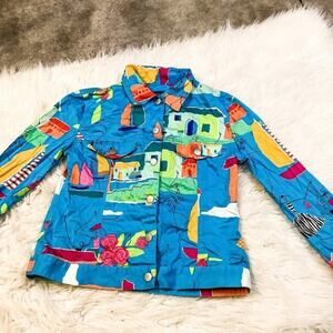 Catherine Stewart Blue Yellow Size Small Cotton Button Boats Colorful Jacket